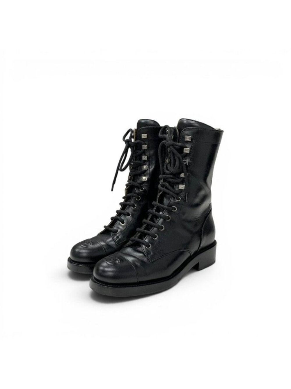 Chanel Boots Short Shoes Leather Black Silver CC Logo Lace